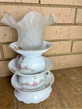 White and Pink Floral Teacup Candle Holder Stack